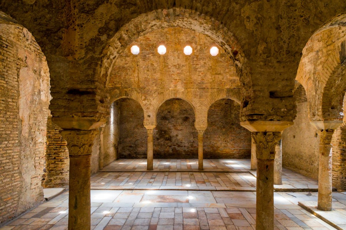 Ornate pillars in Alhambra, Granada, Andalusia, Spain